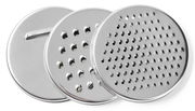 Drei runde, silberne Reibscheiben aus Edelstahl, von vorne betrachtet.
