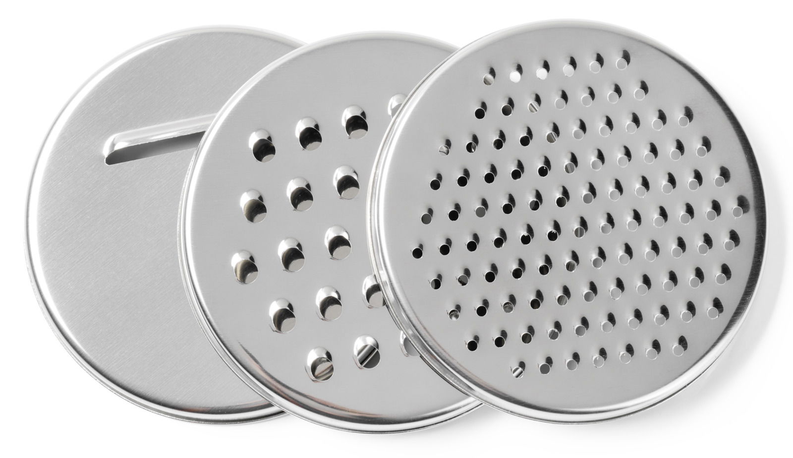 Drei runde, silberne Reibscheiben aus Edelstahl, von vorne betrachtet.