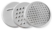 Drei runde, silberne Reibscheiben aus Edelstahl, von vorne betrachtet.