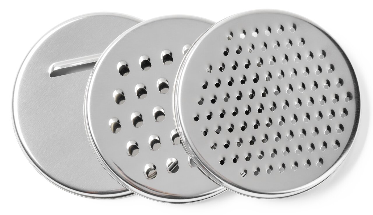 Drei runde, silberne Reibscheiben aus Edelstahl, von vorne betrachtet.