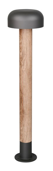 LED-Wegeleuchte mit modernem Design, Holzoptik und schwarzem Metall, seitliche Perspektive