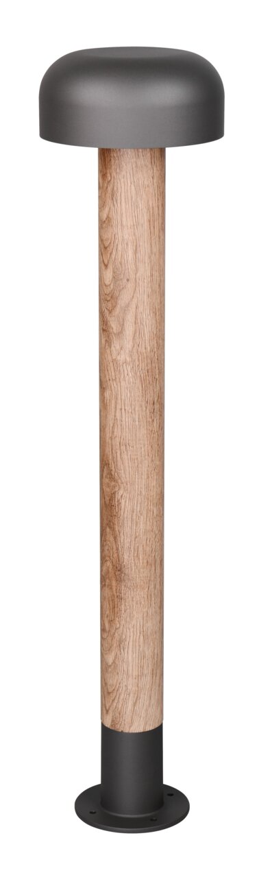 LED-Wegeleuchte mit modernem Design, Holzoptik und schwarzem Metall, seitliche Perspektive