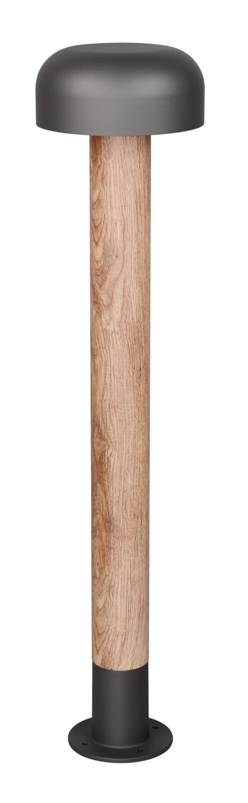 LED-Wegeleuchte mit modernem Design, Holzoptik und schwarzem Metall, seitliche Perspektive