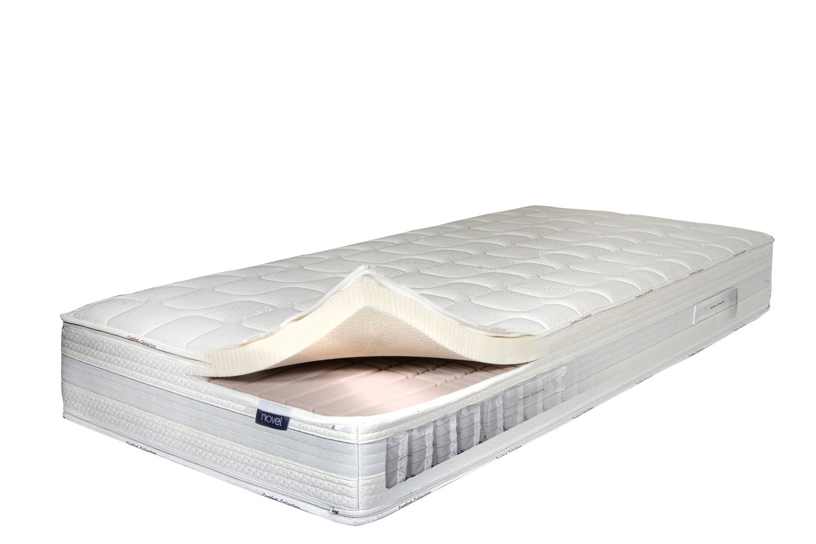 Taschenfederkernmatratze in seitlicher Perspektive mit sichtbarem Schaumstoffaufsatz und transparentem Bereich zur Ansicht der Federn.