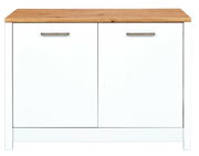 Frontansicht eines weißen Spülenunterschranks mit Holzplatte und zwei Türen mit Metallgriffen.