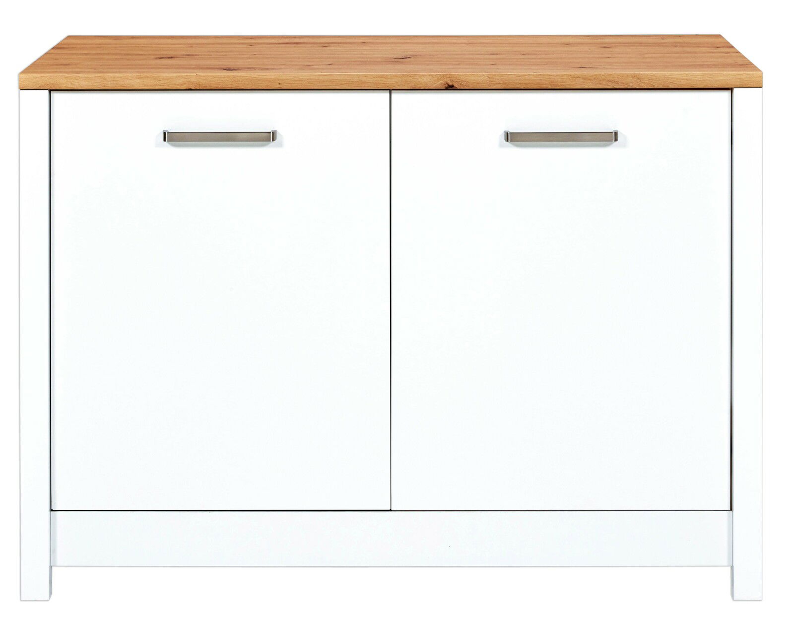 Frontansicht eines weißen Spülenunterschranks mit Holzplatte und zwei Türen mit Metallgriffen.