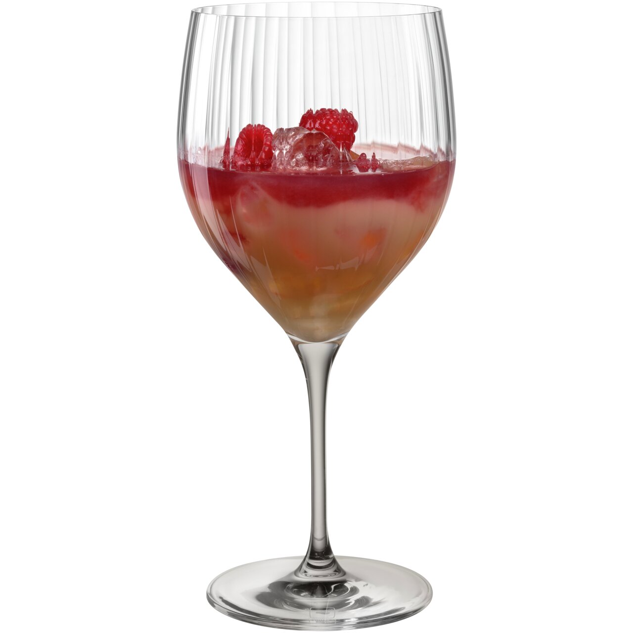 Cocktailglas POESIA grijs 750 ml met gekleurde drank en frambozen, zijaanzicht