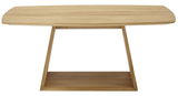Moderner Couchtisch aus Holz in frontaler Ansicht mit rechteckiger Tischplatte und schrägen Beinen.