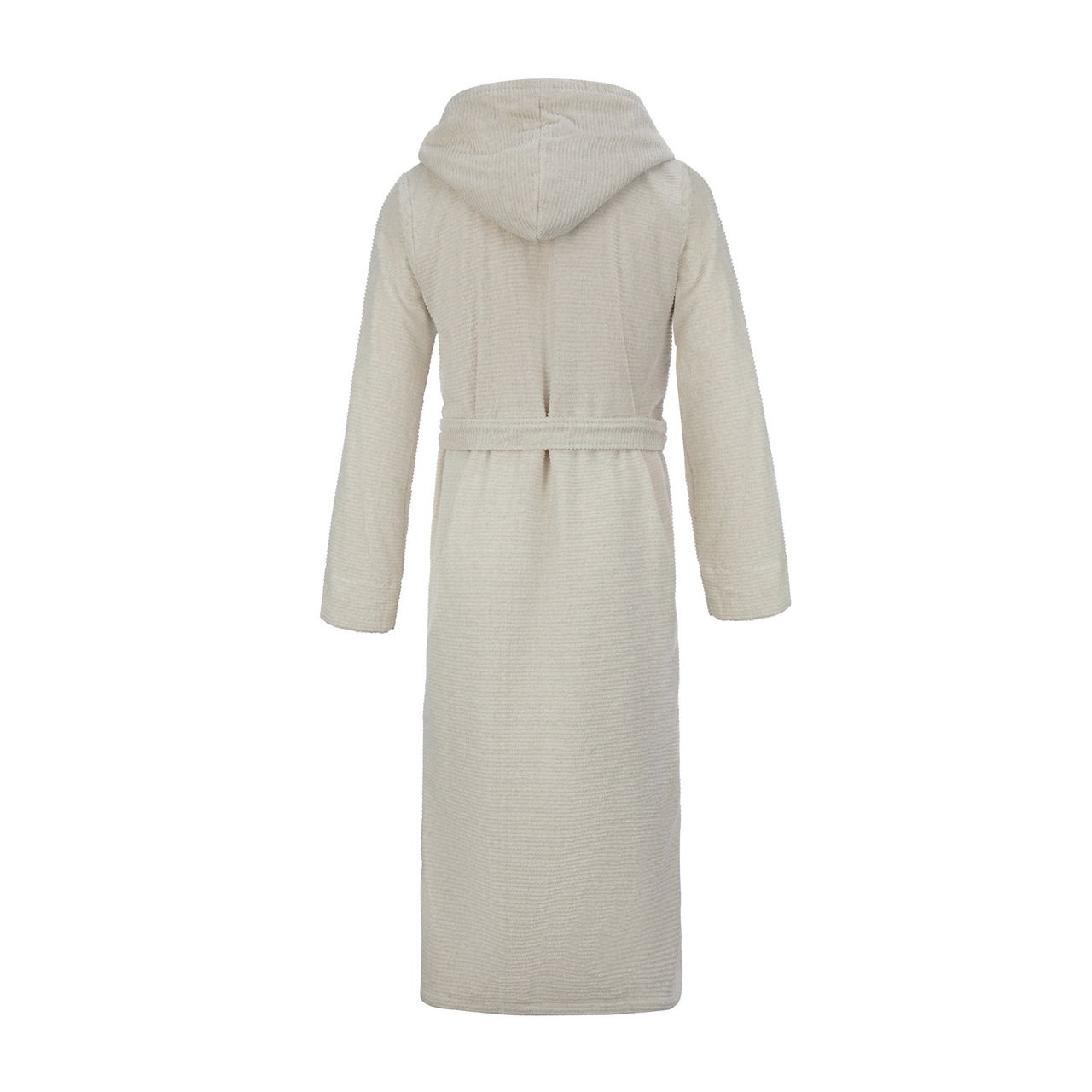 Rückansicht eines cremefarbenen Kapuzenbademantels in Größe L mit Gürtel.