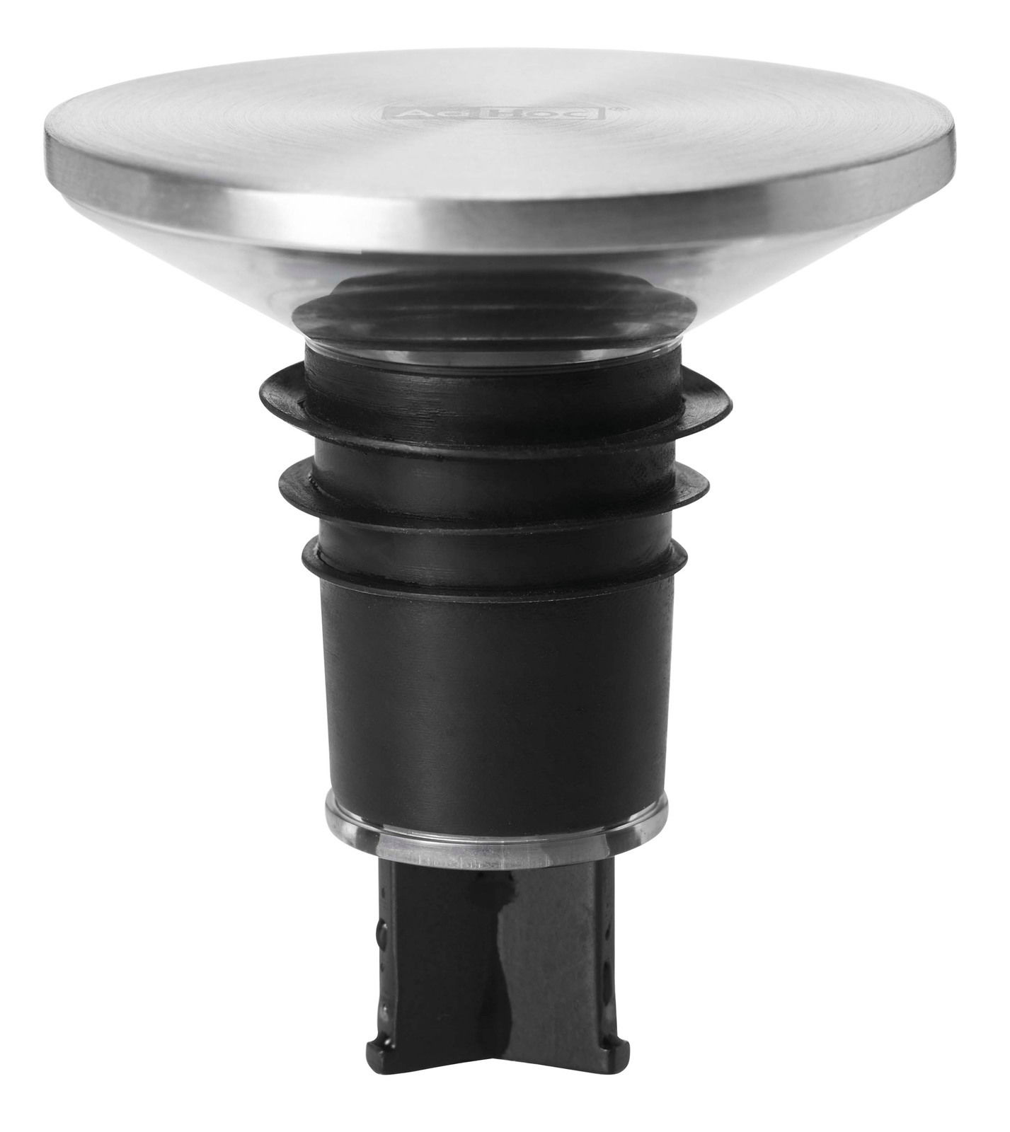 Ad Hoc Flaschenverschluss CHAMP Nahaufnahme eines Ausgießers und Verschlusses für Champagnerflaschen, seitliche Perspektive.