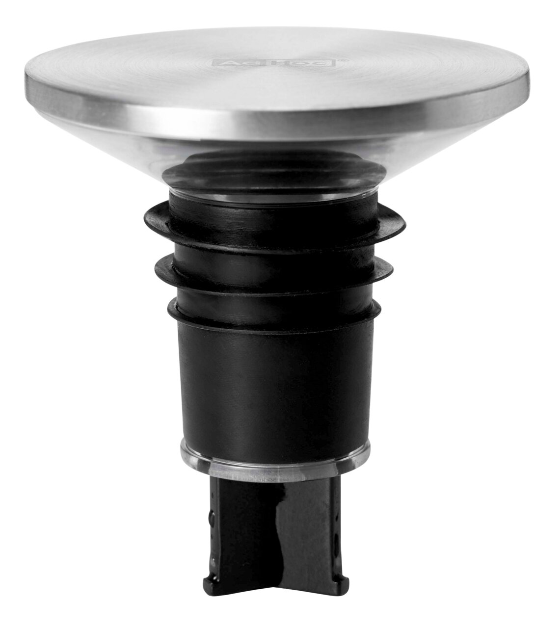 Ad Hoc Flaschenverschluss CHAMP Nahaufnahme eines Ausgießers und Verschlusses für Champagnerflaschen, seitliche Perspektive.