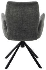 Rückansicht eines modernen Sessels mit grauem Stoffbezug und schwarzem Metallgestell.