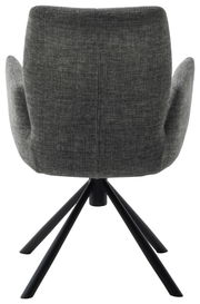Rückansicht eines modernen Sessels mit grauem Stoffbezug und schwarzem Metallgestell.