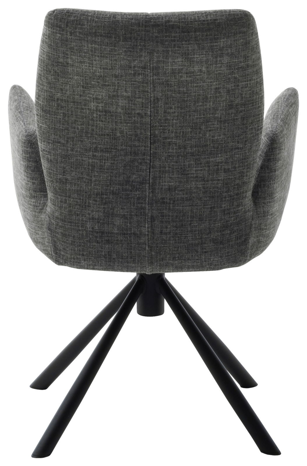 Rückansicht eines modernen Sessels mit grauem Stoffbezug und schwarzem Metallgestell.