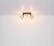 Zweiflammiger Strahler aus schwarzem Metall, matt, an der Decke montiert, mit warmem Licht, seitliche Perspektive.