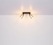 Zweiflammiger Strahler aus schwarzem Metall, matt, an der Decke montiert, mit warmem Licht, seitliche Perspektive.
