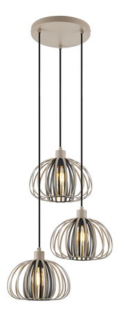 Dreiflammige Hängeleuchte mit modernen, offenen Lampenschirmen aus Metall in einer seitlichen Perspektive.