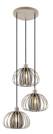 Hanglamp met drie lampen en moderne, open metalen lampenkappen, gezien vanuit de zijkant.