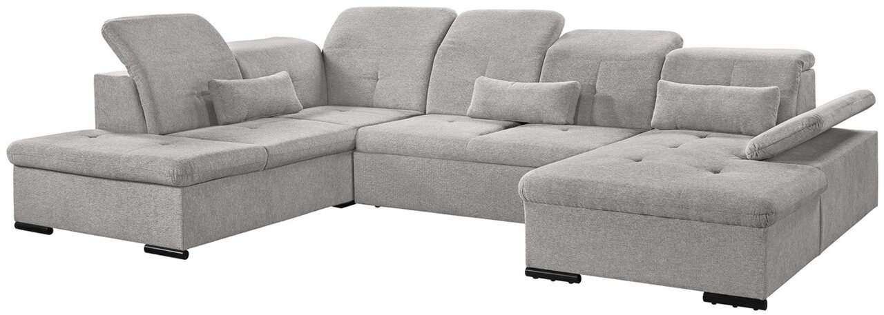 Graues Ecksofa mit verstellbaren Rückenlehnen und Kissen, Perspektive von vorne links