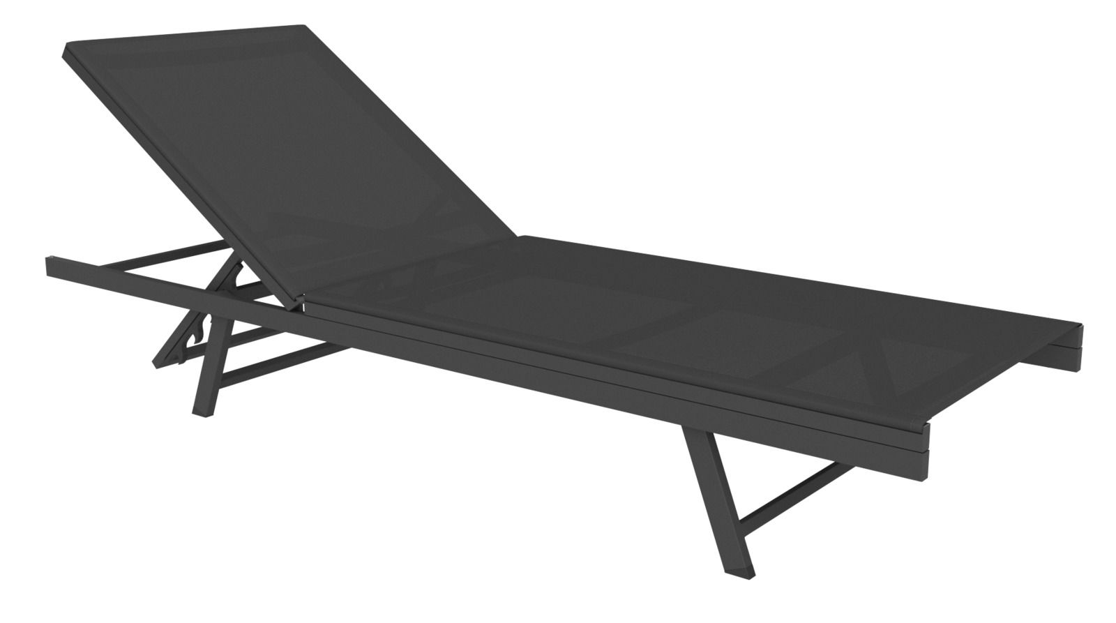 Schwarze Sonnenliege aus seitlicher Perspektive mit verstellbarer Rückenlehne