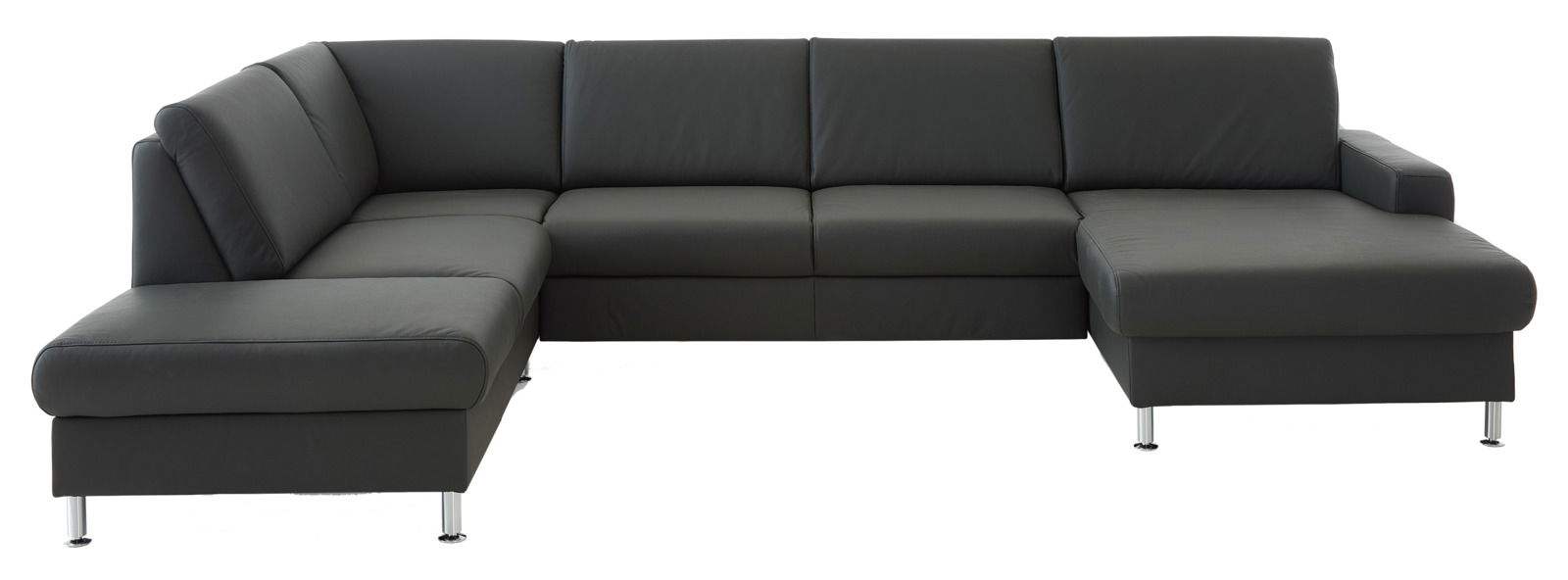 Beldomo Premium Ecksofa PERFECT-L Moderne, dunkelgraue Polsterrundecke in L-Form, frontal betrachtet, mit eleganten Metallfüßen.