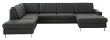 Moderne, dunkelgraue Polsterrundecke in L-Form, frontal betrachtet, mit eleganten Metallfüßen.