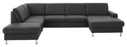 Moderne, dunkelgraue Polsterrundecke in L-Form, frontal betrachtet, mit eleganten Metallfüßen.
