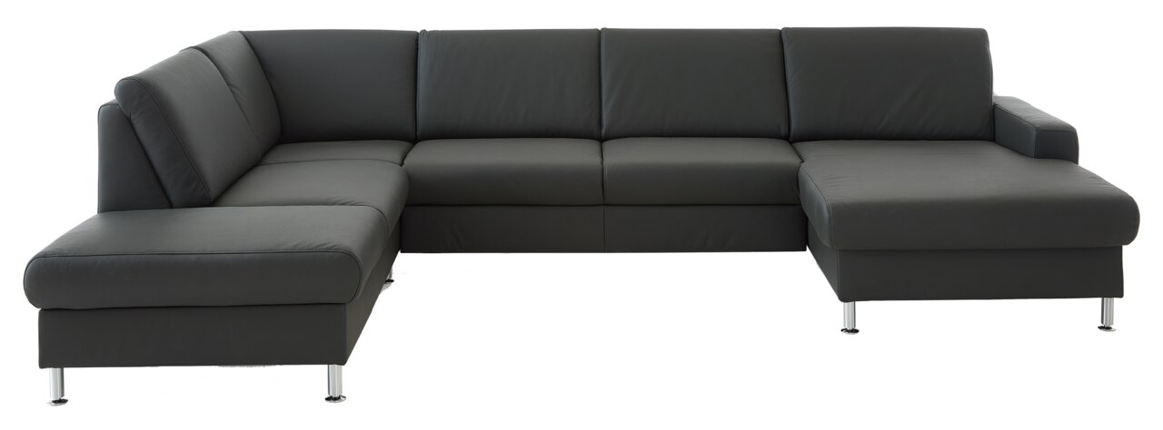 Moderne, dunkelgraue Polsterrundecke in L-Form, frontal betrachtet, mit eleganten Metallfüßen.