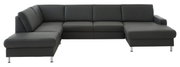 Moderne, donkergrijze L-vormige hoekbank, gezien vanaf de voorkant, met elegante metalen poten.