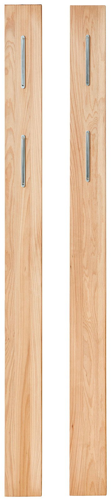 Zwei Garderobenpaneele aus Holz mit je zwei silbernen Haken, frontal abgebildet.