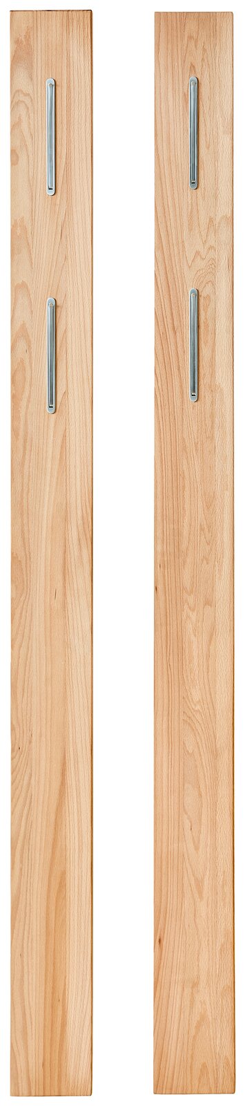 Zwei Garderobenpaneele aus Holz mit je zwei silbernen Haken, frontal abgebildet.
