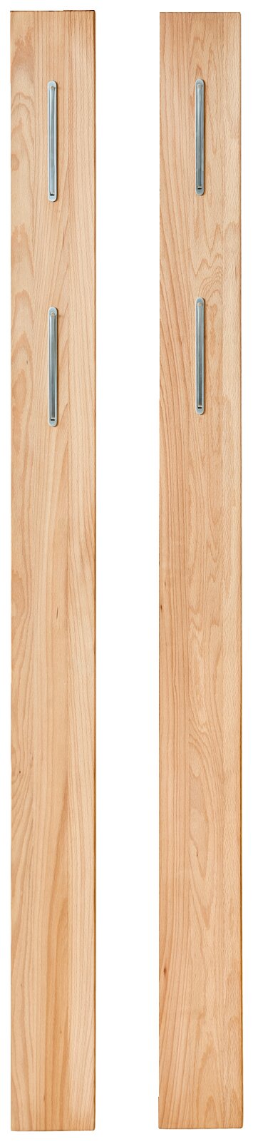 Zwei Garderobenpaneele aus Holz mit je zwei silbernen Haken, frontal abgebildet.