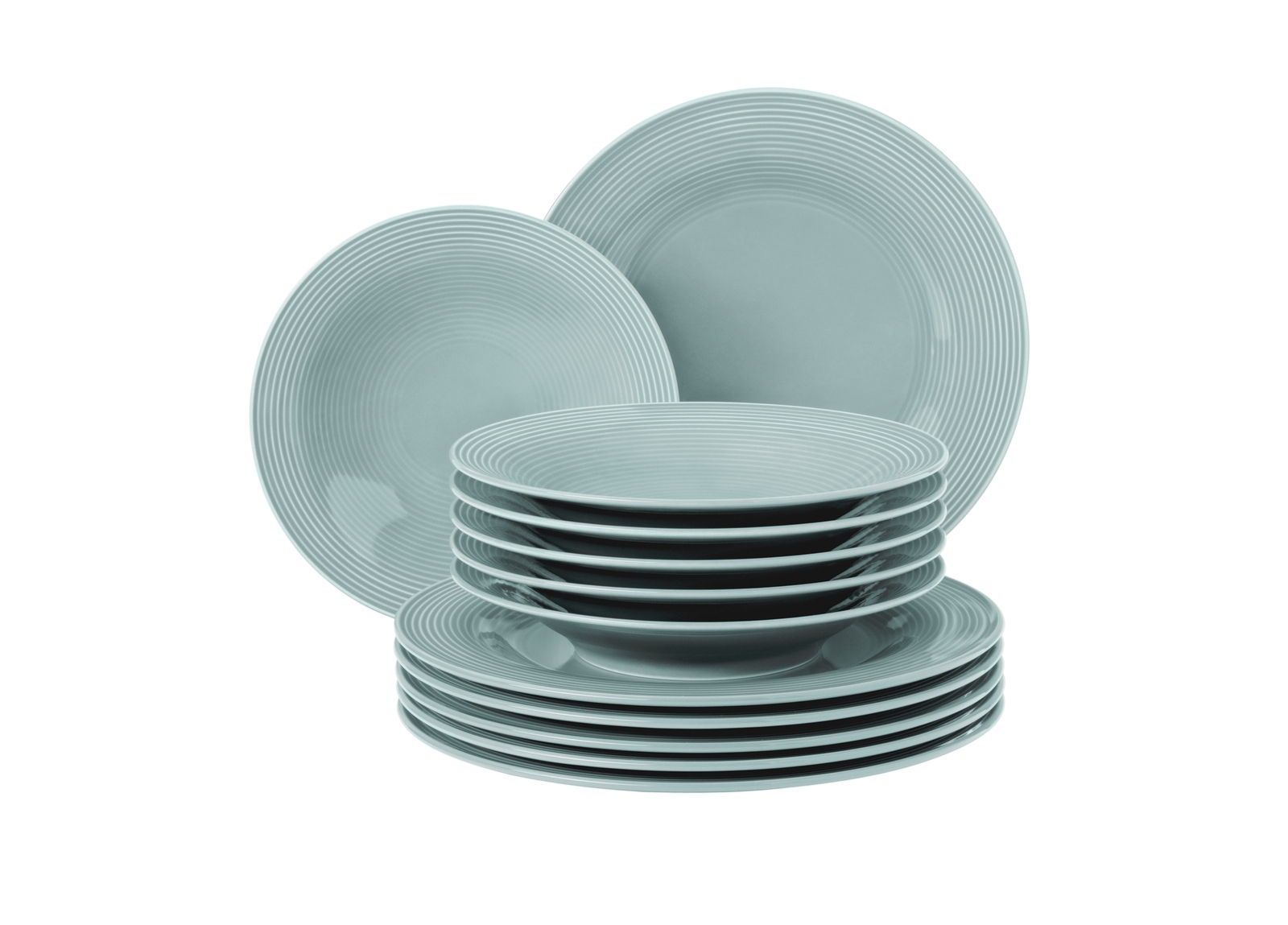 Blaues 12-teiliges Tafelset Beat von Seltmann Weiden, bestehend aus gestapelten Tellern in einer frontalen Perspektive.