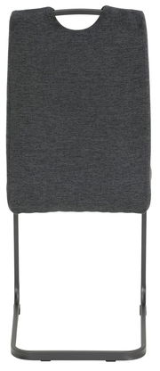 Rückansicht eines Schwingstuhls mit grauem Stoffbezug und schwarzem Metallgestell.