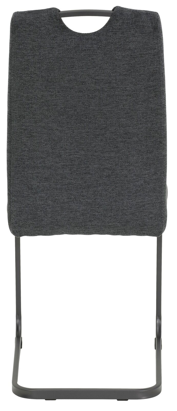 Rückansicht eines Schwingstuhls mit grauem Stoffbezug und schwarzem Metallgestell.