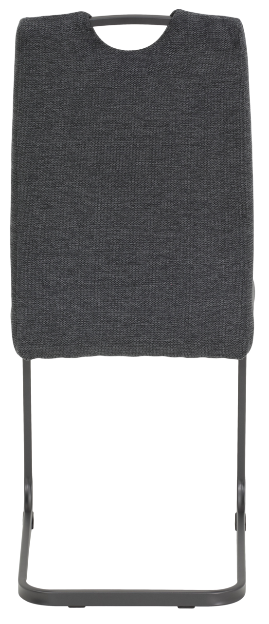 Rückansicht eines Schwingstuhls mit grauem Stoffbezug und schwarzem Metallgestell.