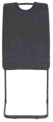 Rückansicht eines Schwingstuhls mit grauem Stoffbezug und schwarzem Metallgestell.