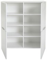 Weißes Highboard mit offenen Türen und mehreren Regalfächern, Frontalansicht