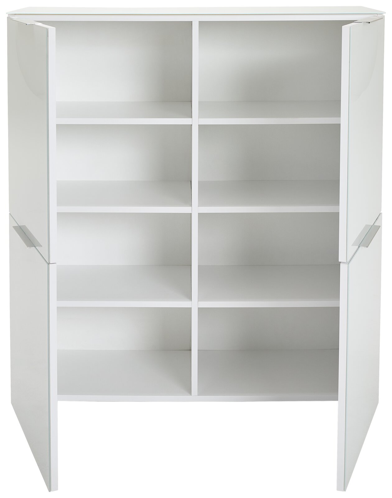 Weißes Highboard mit offenen Türen und mehreren Regalfächern, Frontalansicht