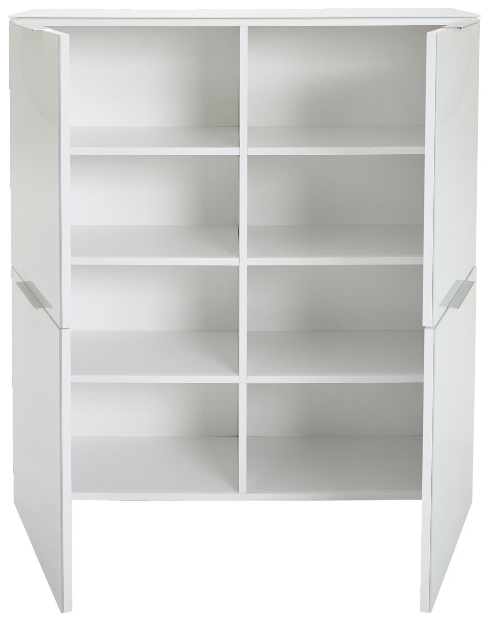 Weißes Highboard mit offenen Türen und mehreren Regalfächern, Frontalansicht