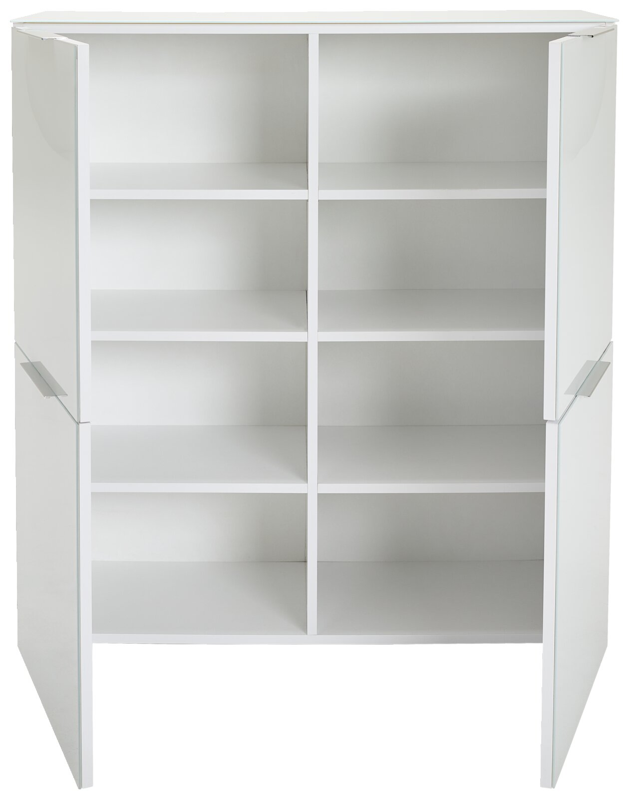 Weißes Highboard mit offenen Türen und mehreren Regalfächern, Frontalansicht