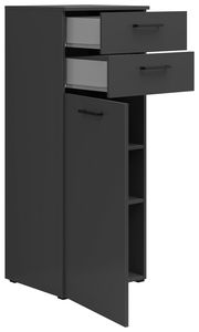 Schwarze Kommode mit zwei offenen Schubladen und einer offenen Tür, seitliche Perspektive