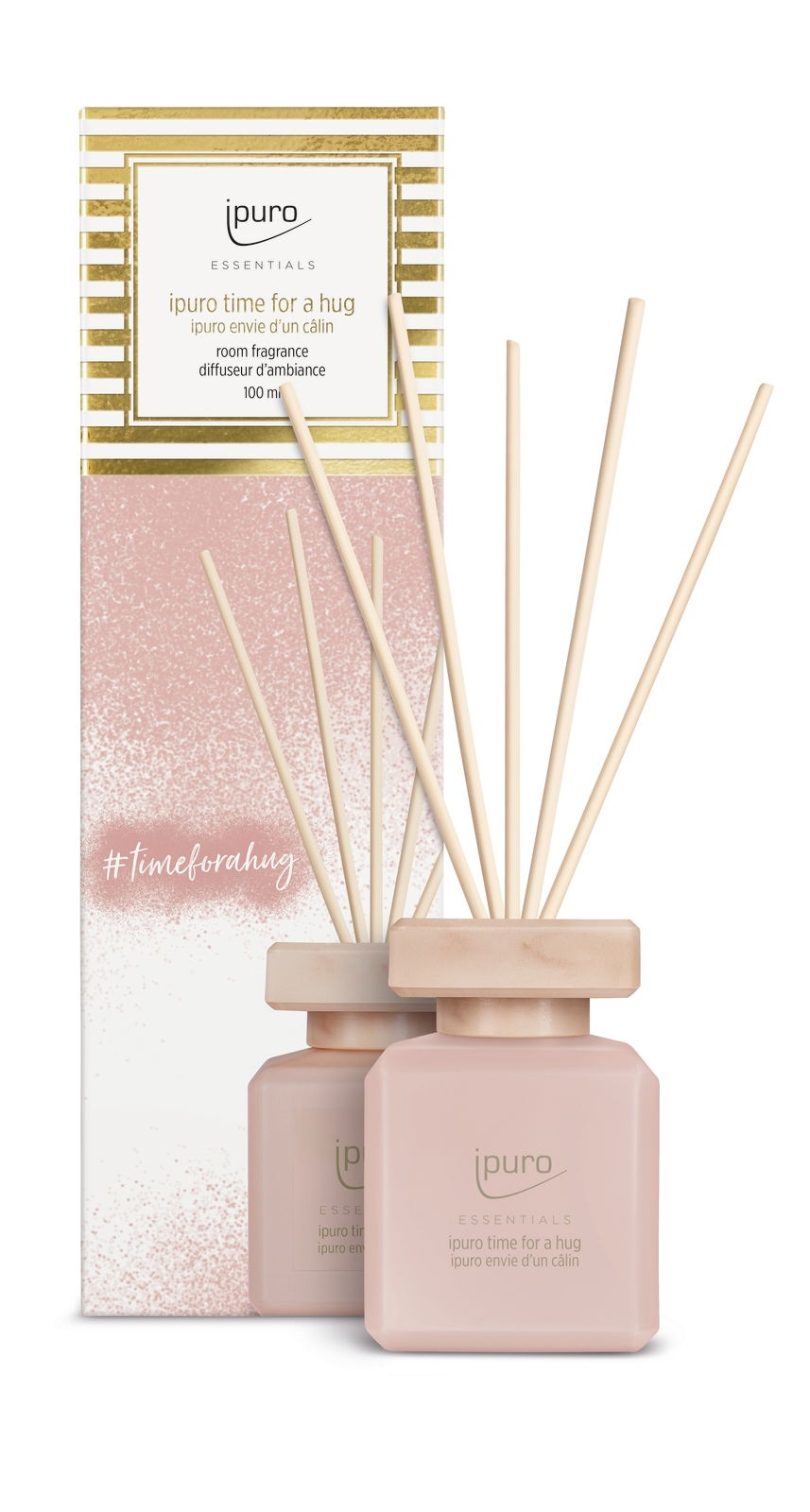 Raumduft 'time for a hug' von ipuro in rosa Flasche mit Holzstäbchen, Vorderansicht