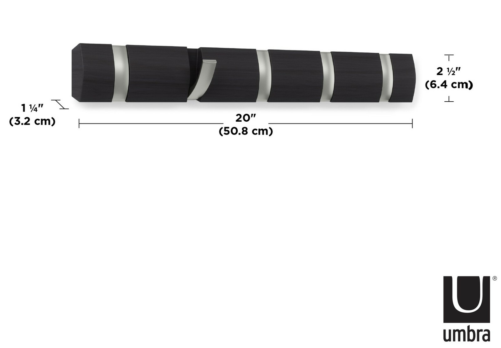 Wandgarderobe mit fünf Haken, dunkles Holzdesign, seitliche Perspektive