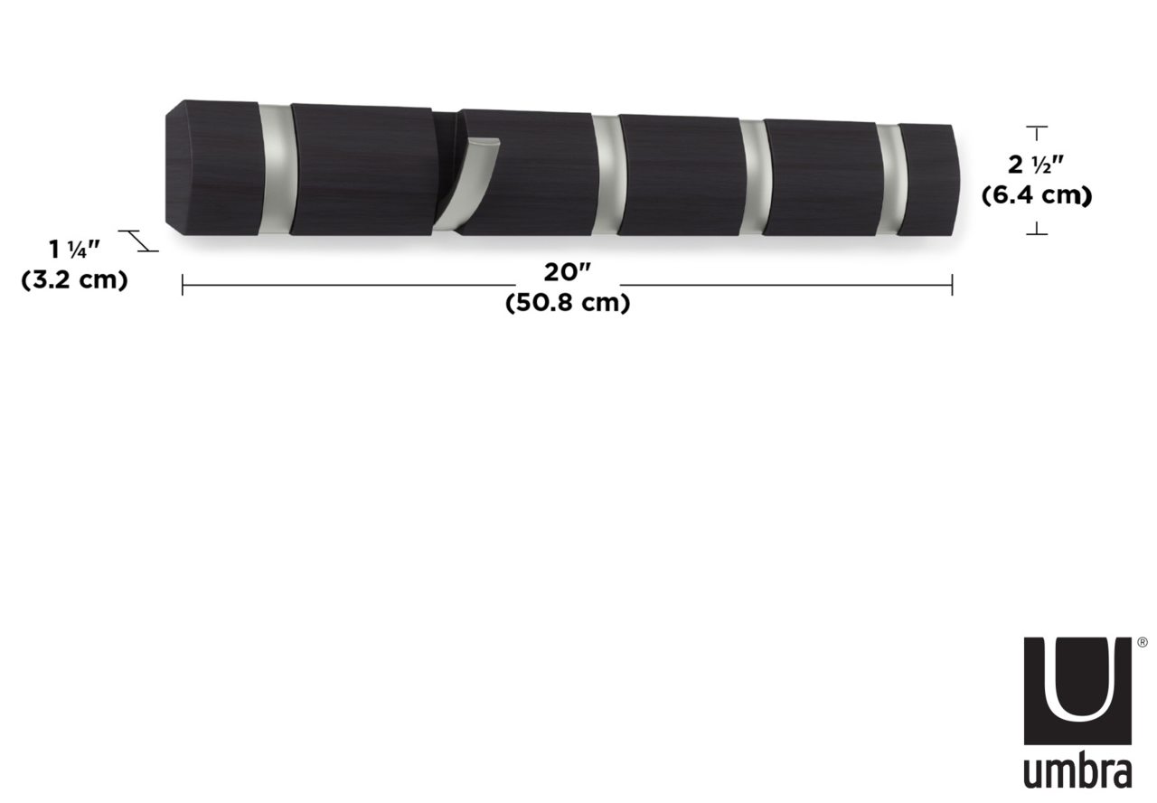 Wandgarderobe mit fünf Haken, dunkles Holzdesign, seitliche Perspektive