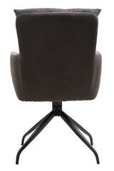 Rückansicht eines Sessels mit dunklem Stoffbezug und schwarzem Metallgestell.