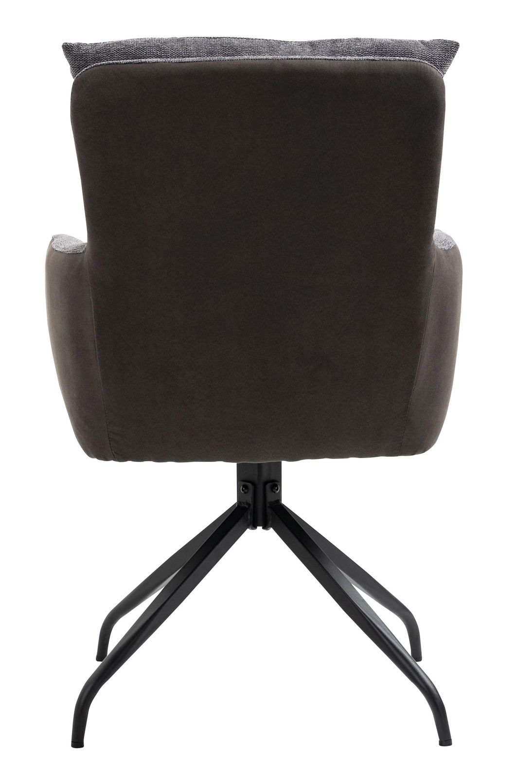 Rückansicht eines Sessels mit dunklem Stoffbezug und schwarzem Metallgestell.