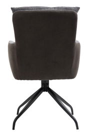 Rückansicht eines Sessels mit dunklem Stoffbezug und schwarzem Metallgestell.