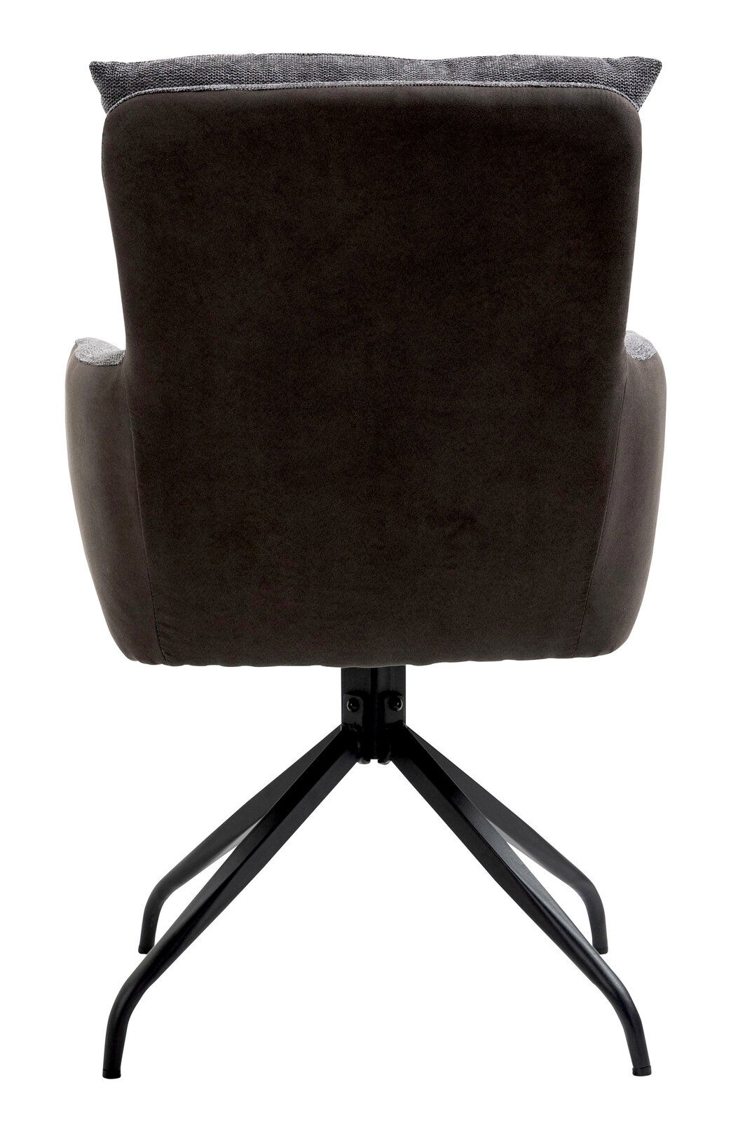 Rückansicht eines Sessels mit dunklem Stoffbezug und schwarzem Metallgestell.