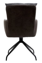 Rückansicht eines Sessels mit dunklem Stoffbezug und schwarzem Metallgestell.